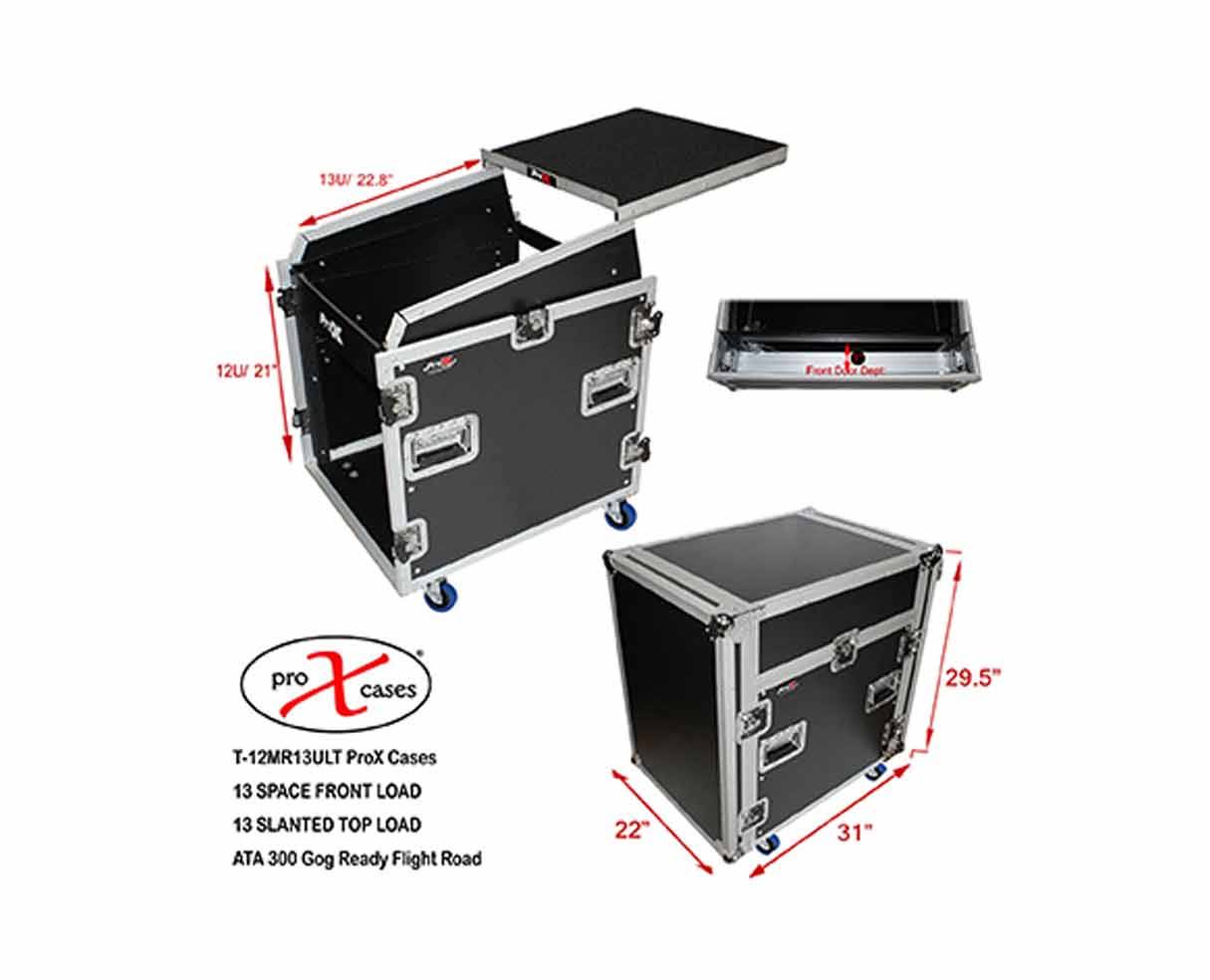 Prox 12U Rack Front Load 13U Top Mixer DJ Combo Flight Case w/Laptop Shelf u0026 Casters