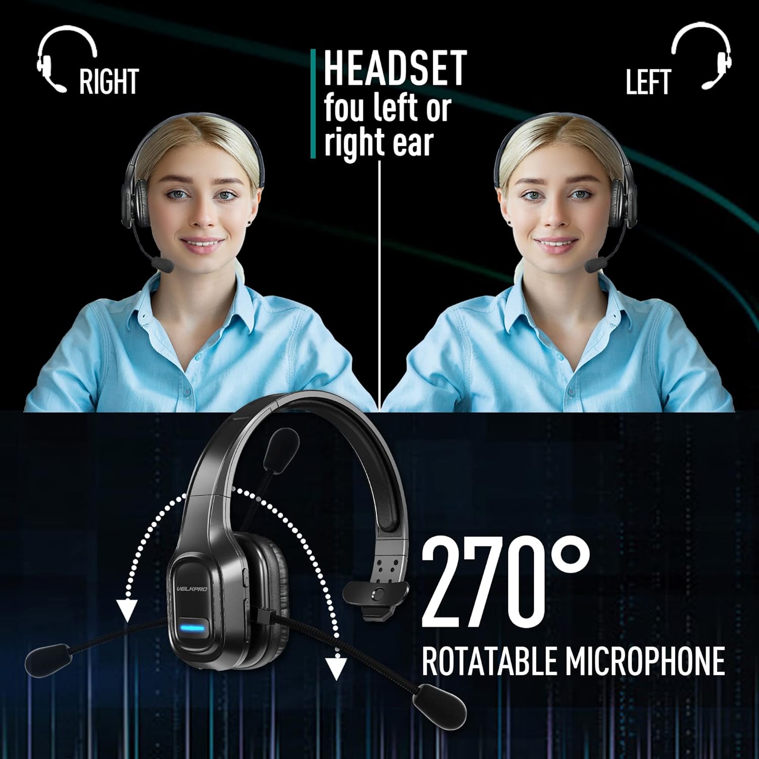 VELKPRO Wireless Headset with Microphone - Comfortable Single-Ear Headphone with Adjustable Headband, Noise Isolation Mic