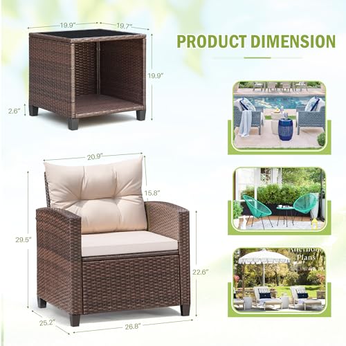Devoko 3 Pieces Patio Furniture Set, PE Rattan Wicker Patio Set with Two Outdoor Chairs and Table, Upgraded Patio Chairs and Table for Porch