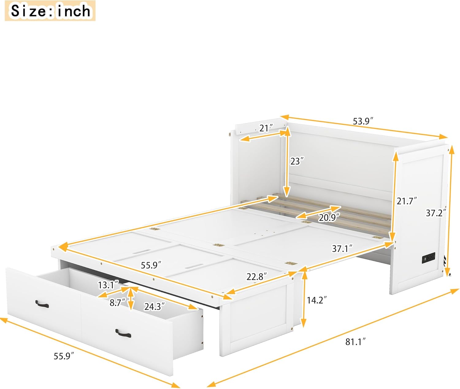 Full Size Murphy Bed Cabinet with Storage Drawer and USB Port, Wood Foldable Bedframe WallBed for Bedroom Apartment Small Spaces, White
