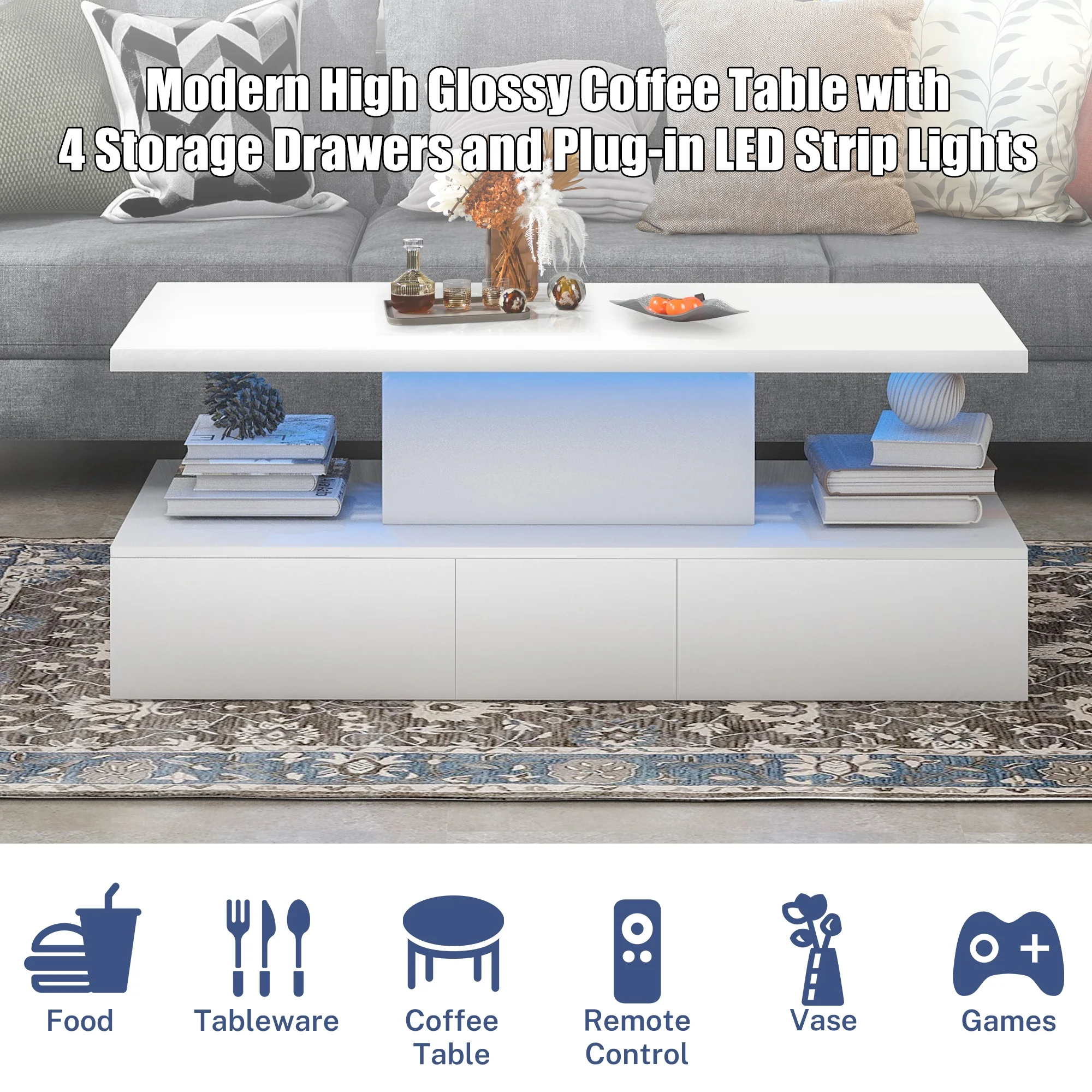 HSUNNS White LED Coffee Table for Living Room, Modern High Glossy Center Table with 4 Drawers, Smart Cocktail Table Rectangle