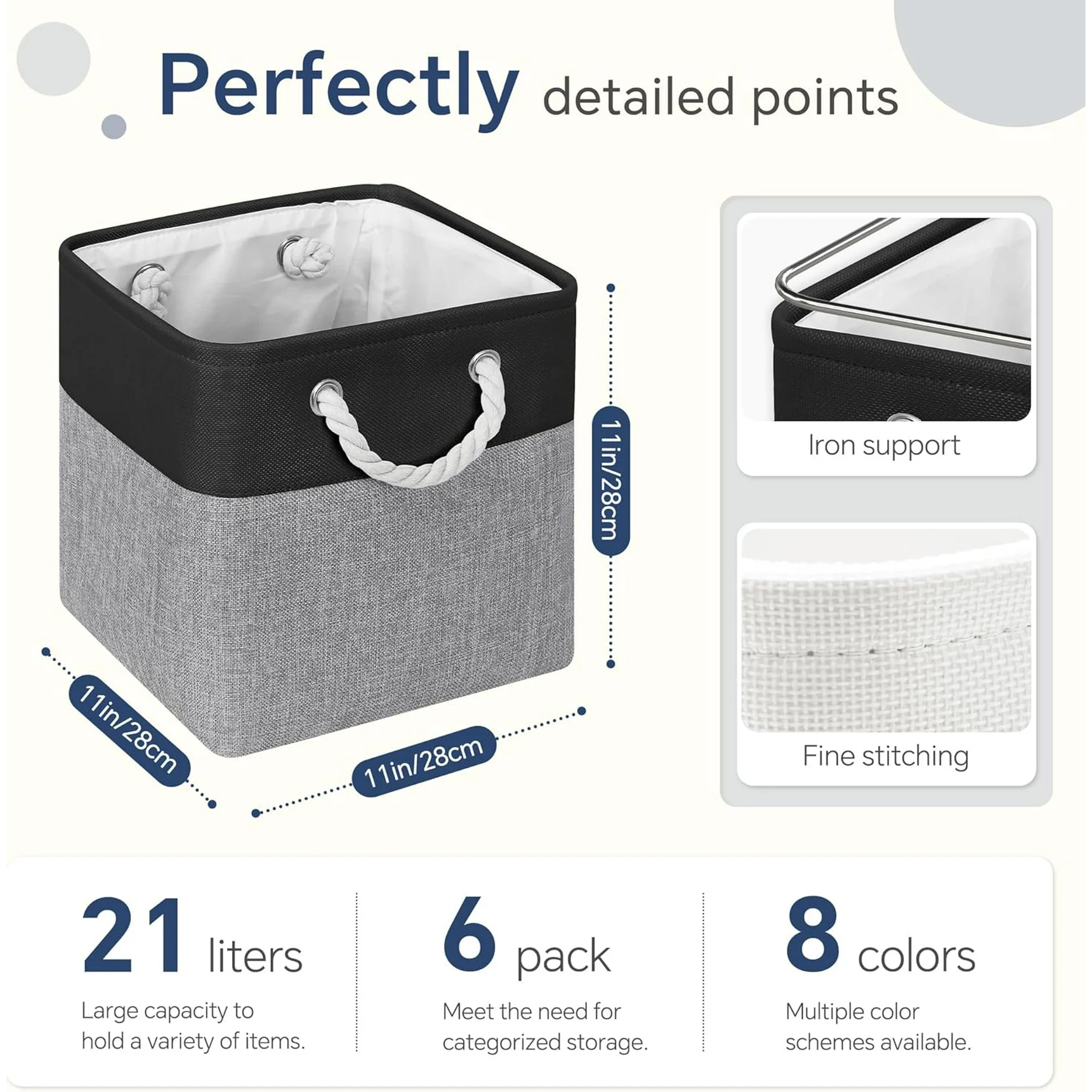 Fabric Cubes Storage Basket, 6 Pack 11x11 in with Handles Foldable Cube Storage Bins for Shelves, Home, Office, Nursery Organizers (Black/Gray)