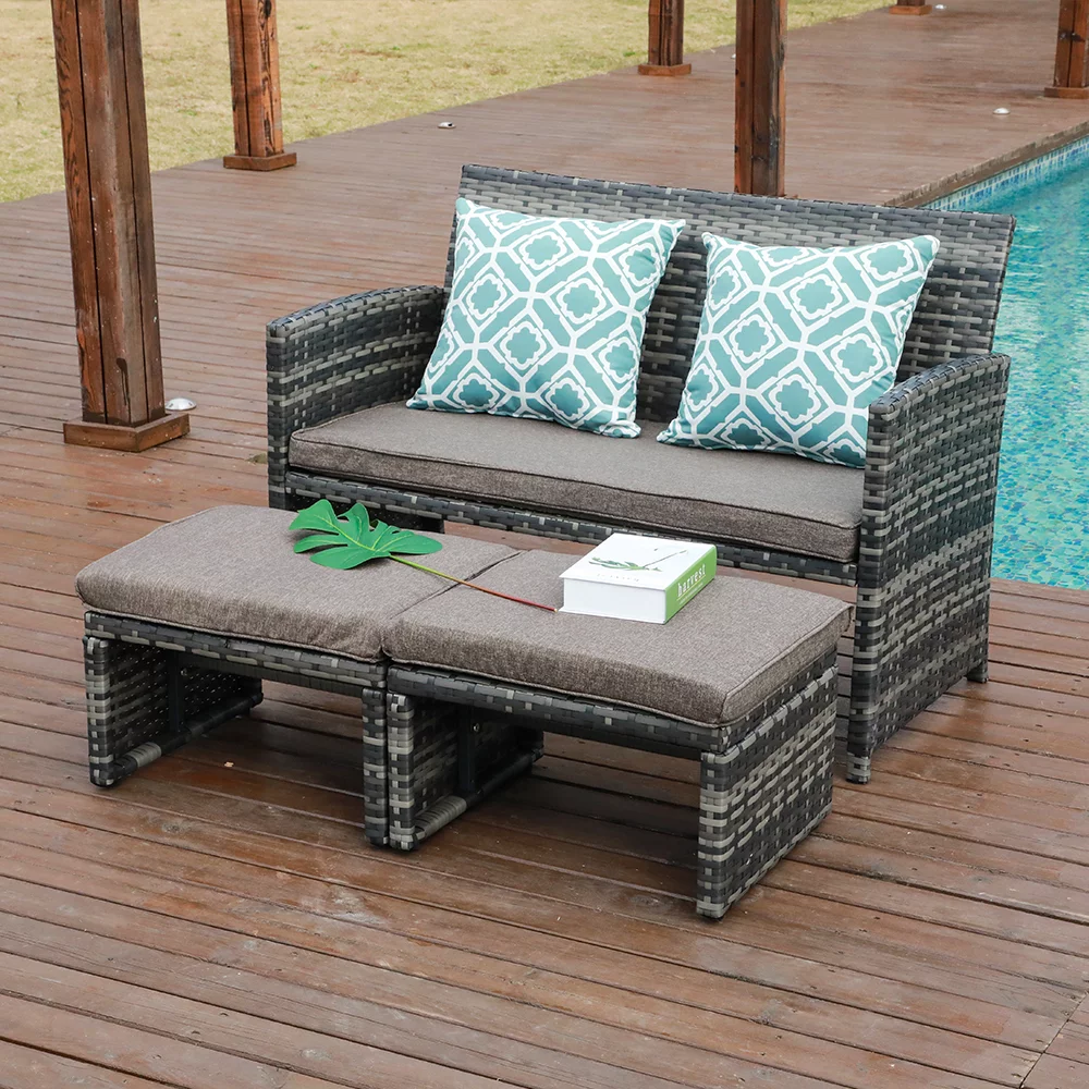 Outdoor Loveseat Patio Furniture Rattan Conversation Set with Ottoman, White Cushions, Grey Wicker, Pillows Included