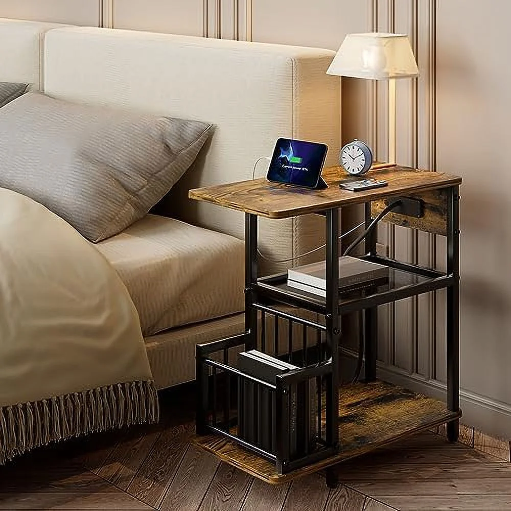 Side Tables Set of 2 with with USB Ports and Outlets End Tables with Charging Station  Narrow Nightstand with  Shelf for Living Room Bedroom Small