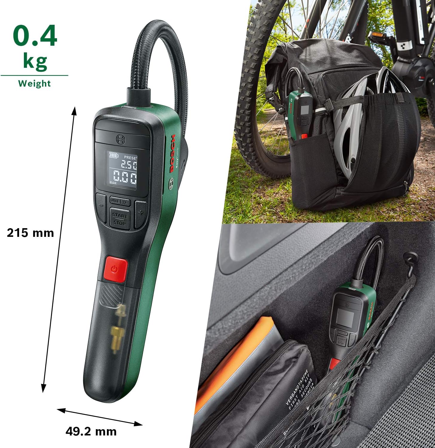 Bosch Home and Garden Electric Air Pump Mini Compressor EasyPump (3.0 Ah battery, 3.6 Volt, 150 PSI, 10.3 bar, LED, in carton packaging)