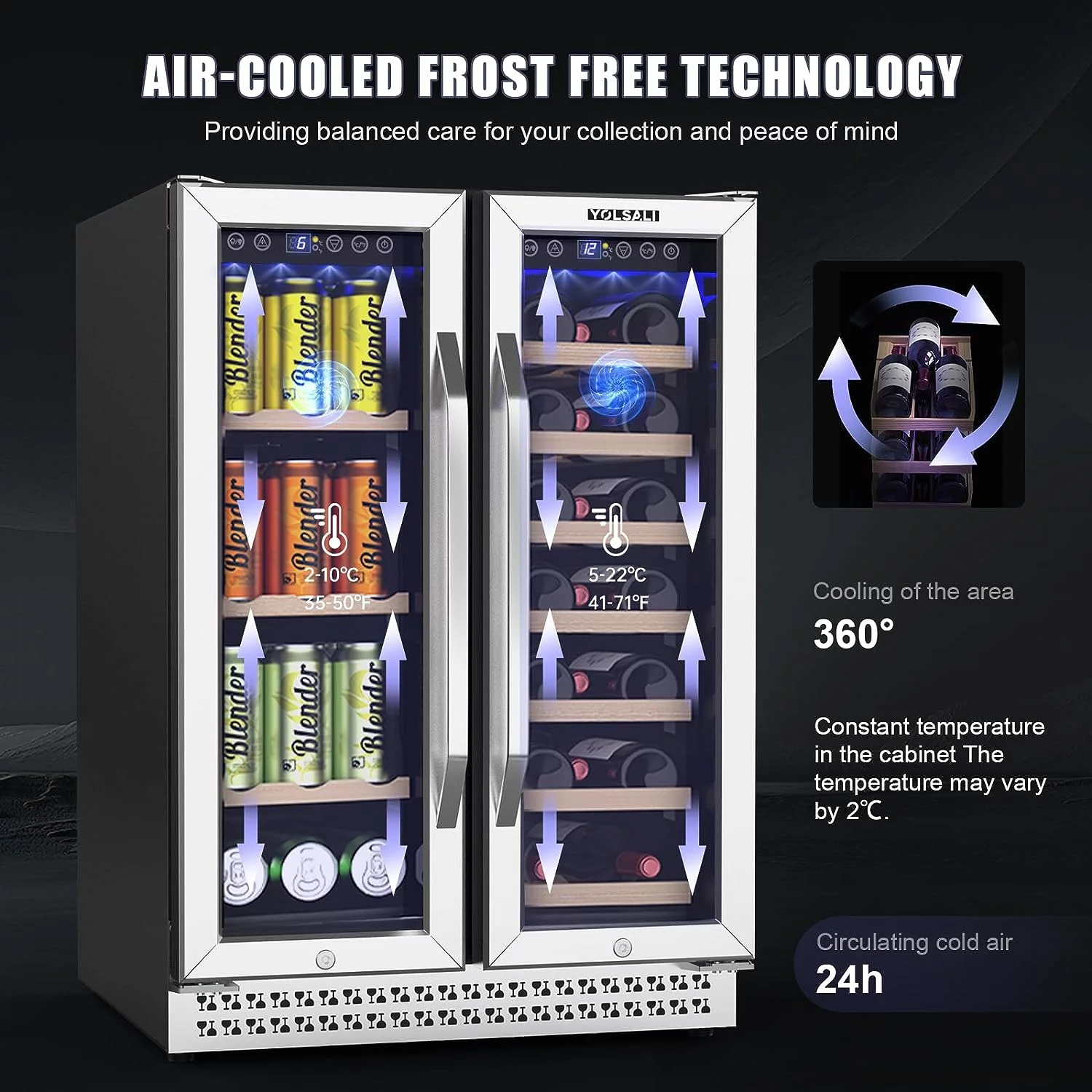 Yolsali 24 Inch Wine Cooler, Beverage Refrigerator, Dual Zone Wine Cooler Refrigerator with 2 Safety Locks, Adjustable Legs, Soft LED Light
