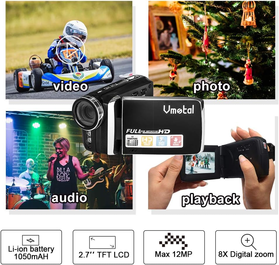 Kids Video Camcorder Vmotal Kids Camcorders Video Camera FHD 1080P 12.0MP 2.8 Inch LCD 270 Degrees Rotatable Screen 8X Digital Zoom Camera Vlogging