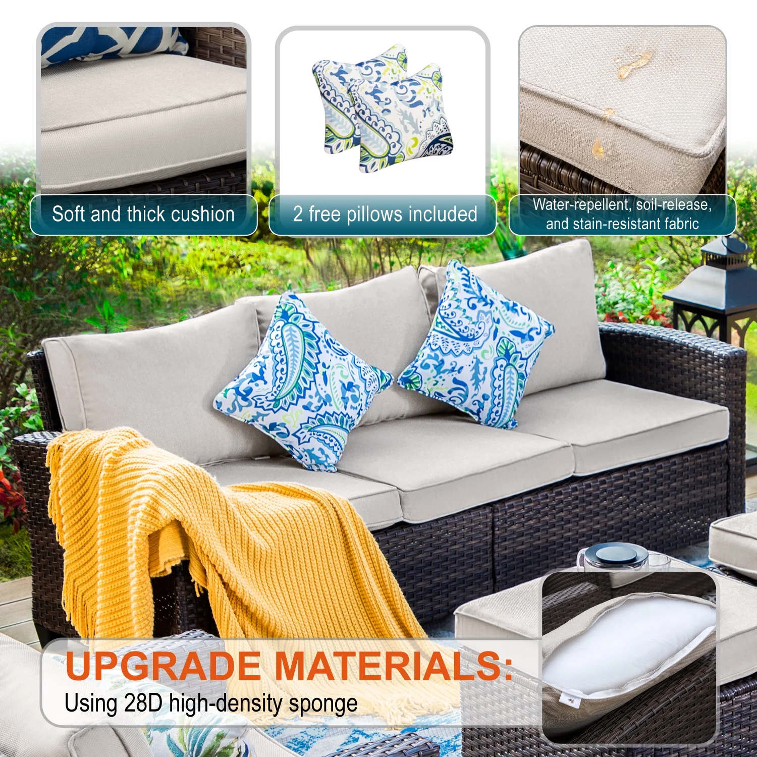 MF Studio 9-Seat Outdoor Patio Furniture Set with Fire Pit Table Wicker Patio Conversation Set Beige