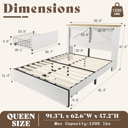 AMERLIFE 47.2" H King Bed Frame with Hidden Space Bookcase Headboard and Charging Station, Beds with 2 Storage Drawers and Wood Slats