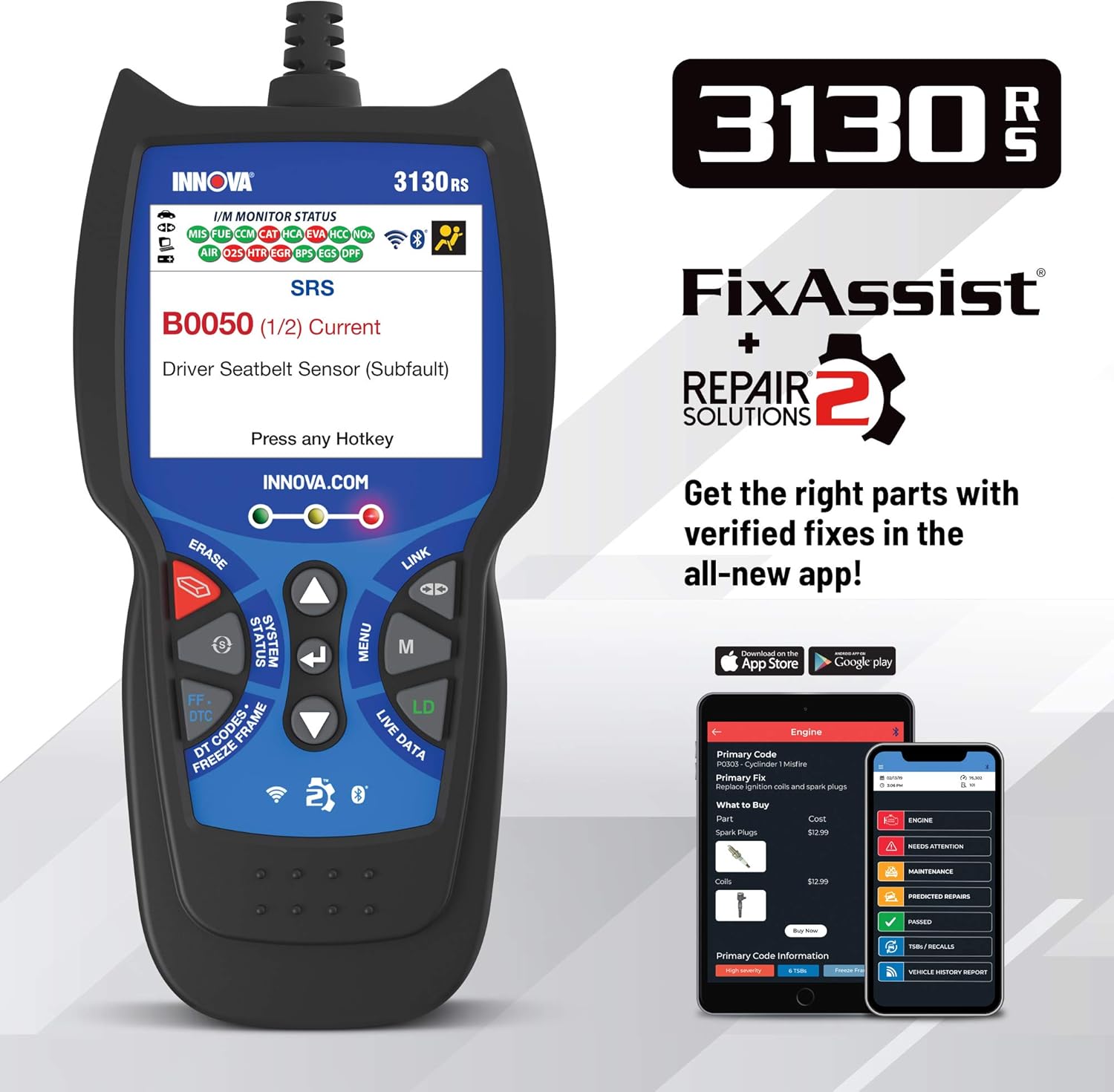 Innova 3130RS OBD2 Scanner/Car Code Reader with ABS, SRS, Live Data, Service Light Reset, and Network Scan