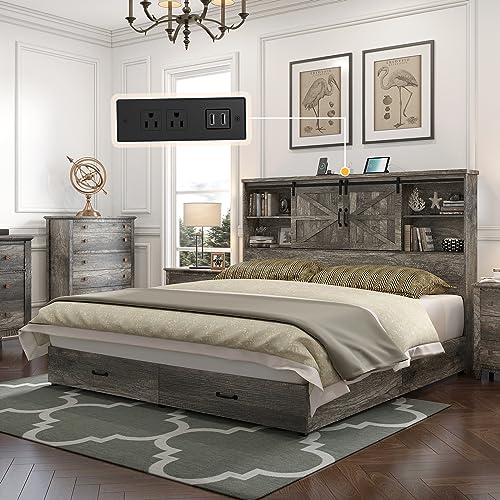HOWE King Size Bed Frame, Wood Platform Bed Frame with 51.2" Bookcase Headboard, Storage Bed with Sliding Barn Door Charging Station 2 Drawers