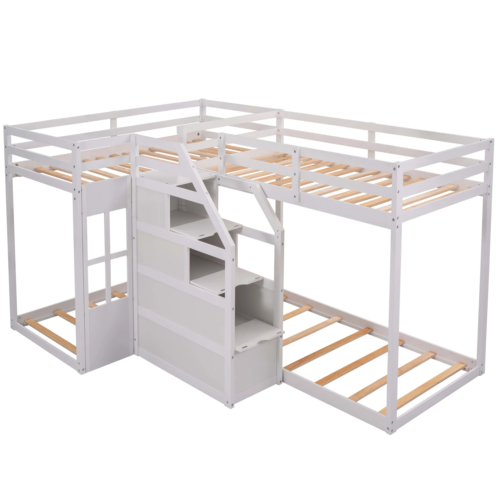 EUROCO Twin over Twin L-Shaped Bunk Bed with Middle Staircase, White - Curated Treasures Market