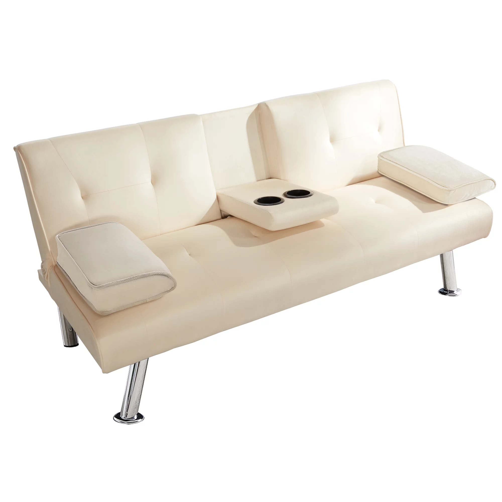 65" Upholstered Folding Futon Sofa Bed Modern Convertible Couch 2 Cup holders Fabric loveseat Plush Furniture for Compact Living Space Apartment Dorm