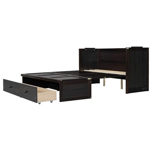 Queen Size Murphy Bed with Drawers and Charging Station Wood Murphy Wall Cabinet Bed with Storage for Saving Space, Espresso