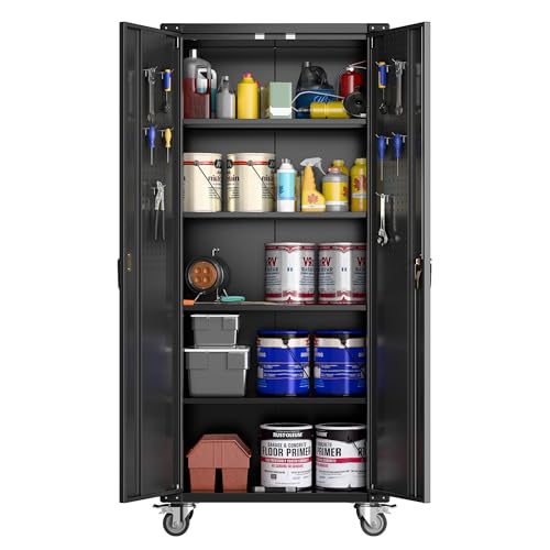 Metal Storage Cabinet with Wheels, 73" H Rolling Garage Cabinets with Locking Doors and Adjustable Shelves for Home Office, Basement, Pantry, Workshop