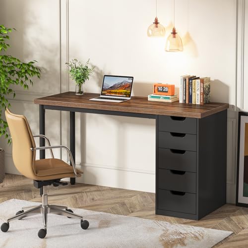 Tribesigns 47 inches Vanity Desk with 5 Drawers, Rustic Brown Makeup Vanity Table Dressing Table with Storage, Modern Simple Computer Desk for Women
