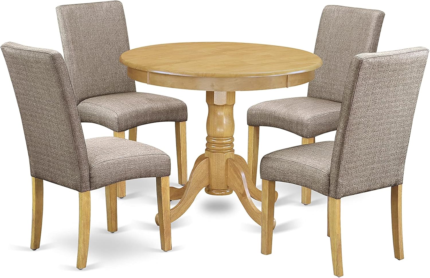 East West Furniture Antique 5 Piece Dining Set Includes a Round Kitchen Table with Pedestal and 4 Dark Khaki Linen Fabric Upholstered Parson Chairs