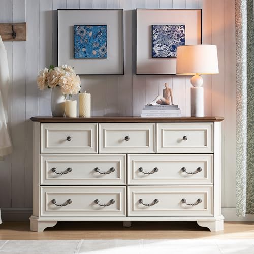 T4TREAM Farmhouse 5 Drawers Dresser for Bedroom, 48" Tall Wood Rustic Chest of Drawers with Natural Texture, Vintage Design