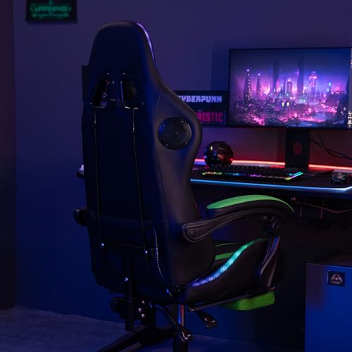 HOFFREE RGB Gaming Chair with Speakers Massage Computer Gaming Chair with LED Lights and Footrest High Back Video Game Chair for Adults Blue and Black