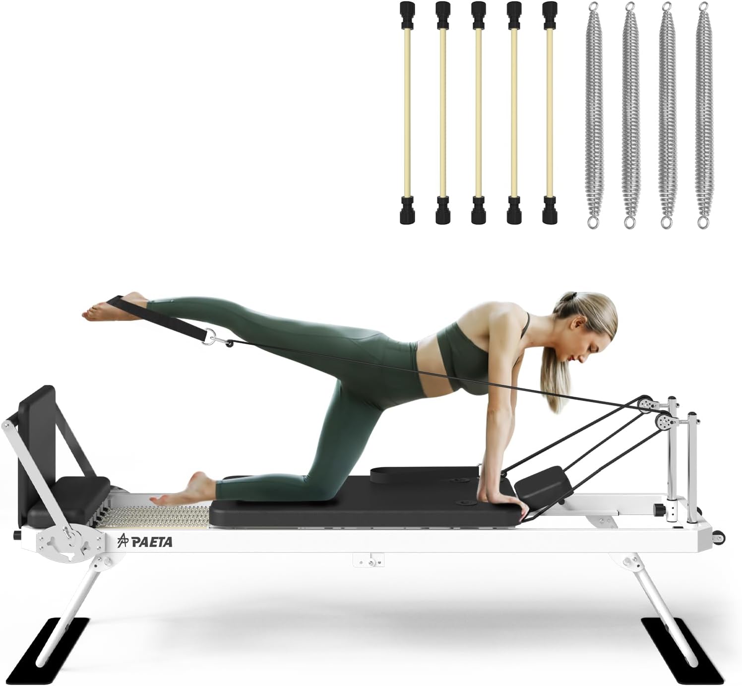 Pilates Reformer, PAETA Foldable Reformer Pilates Machine for Home Use, with Dual Resistance- Springs and Cords