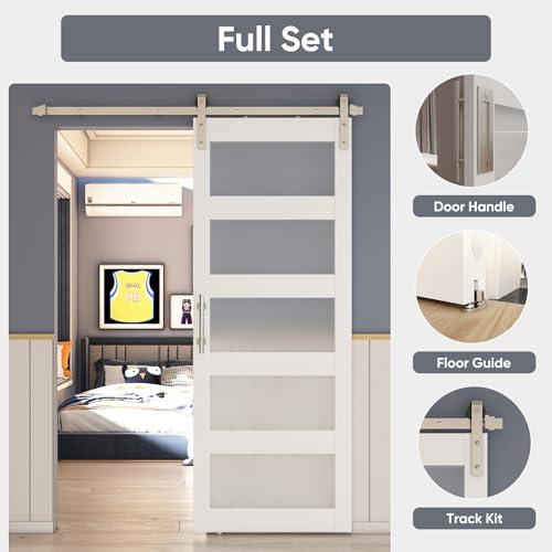 BARNSMITH 42in x 84in Glass Barn Door with 7FT Sliding Door Hardware Kit Included & Handle