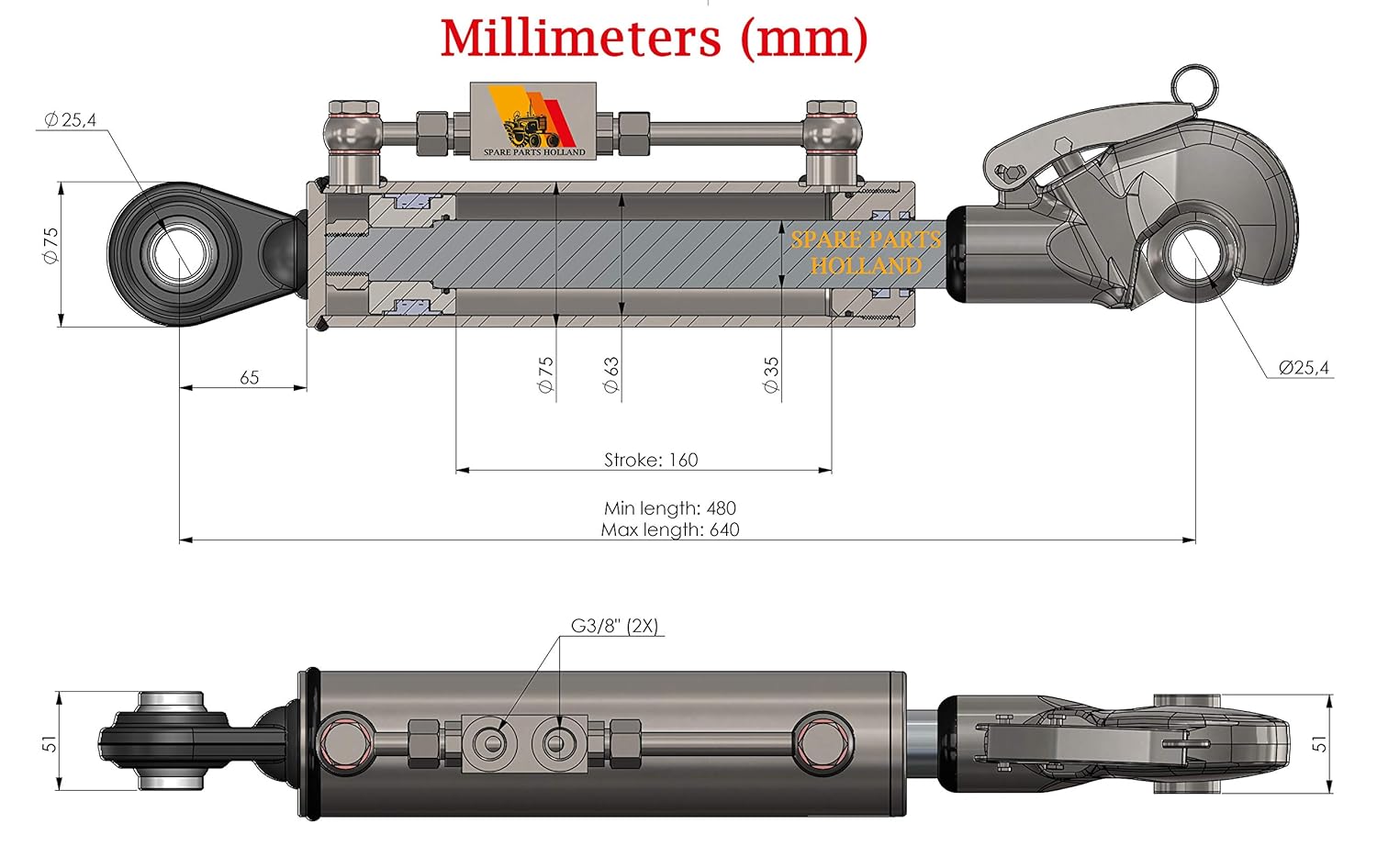 Hydraulic Top Link Cat. 2 +2 with Hook 18 7/8” - 25 3/16” Locking Block Hoses Stroke 6-5/16”