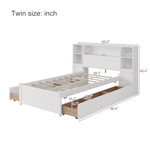 SOFTSEA Twin Size Captains Bed with 6 Storage Drawers and Bookcase Headboard, Wood Twin Storage Platform Bed with USB Ports