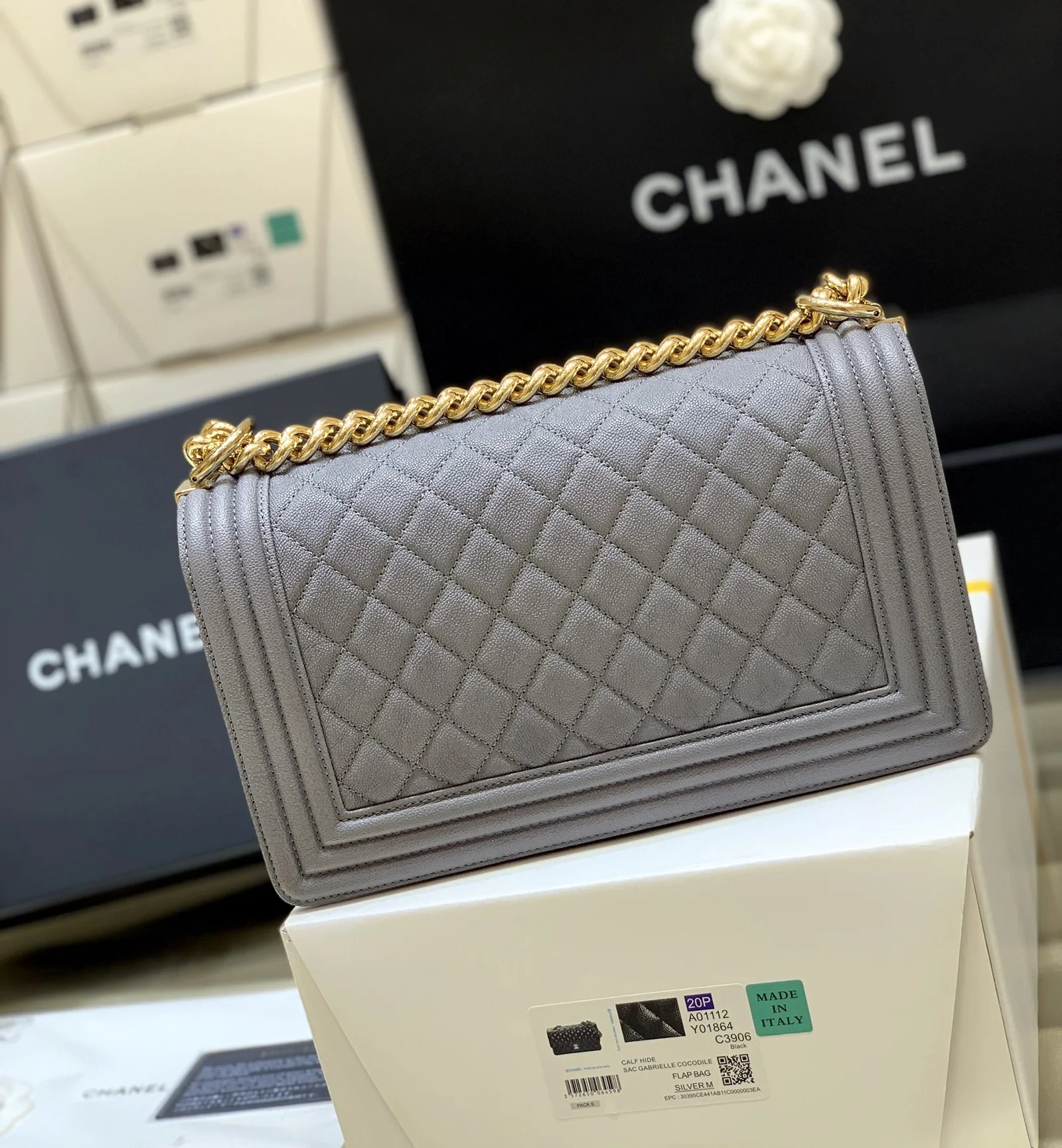 Chanel Boy Handbag Dark Grey Gold Toned Hardware For Women 9.8in/25cm