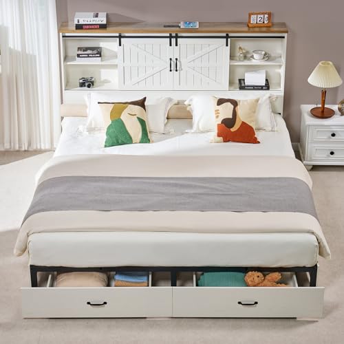 VanAcc Full Size Bed Frame, Wooden Platform Storage Bed with 51.2" Bookcase Headboard, 2 Drawers