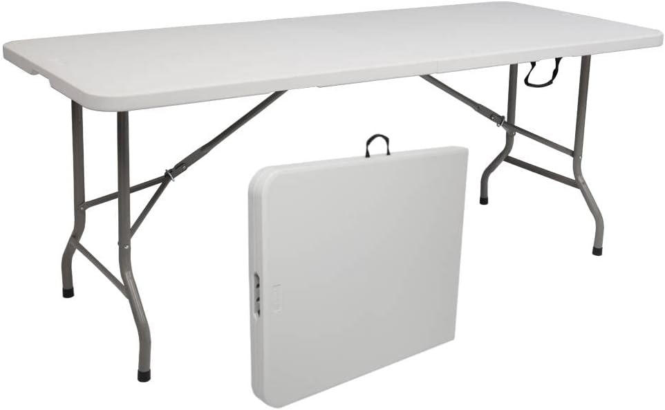 VINGLI 48 Round Bi-Folding Commercial Table, 4 Feet Portable Plastic Dining Card Table for Kitchen or Outdoor Party Wedding Event, White Granite