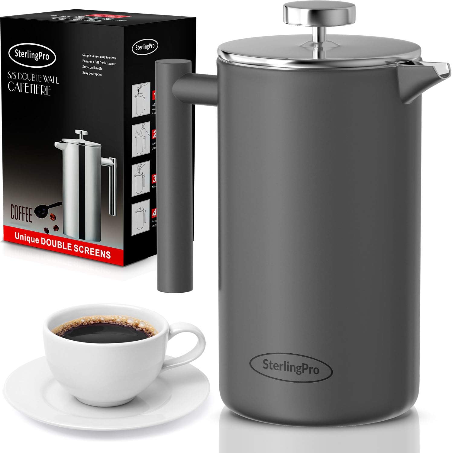 SterlingPro French Press Coffee Maker(1.75L)-Double Walled Large Coffee Press with 2 Free Filters-Enjoy Granule-Free Coffee Guaranteed