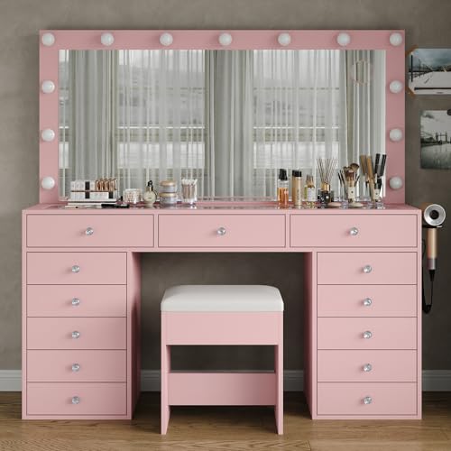 55" W Vanity Desk, Makeup Vanity with Charging Station, 15 Drawers with Lighted Mirror, 3 Lighting Modes, Brightness Adjustable, Glass Top