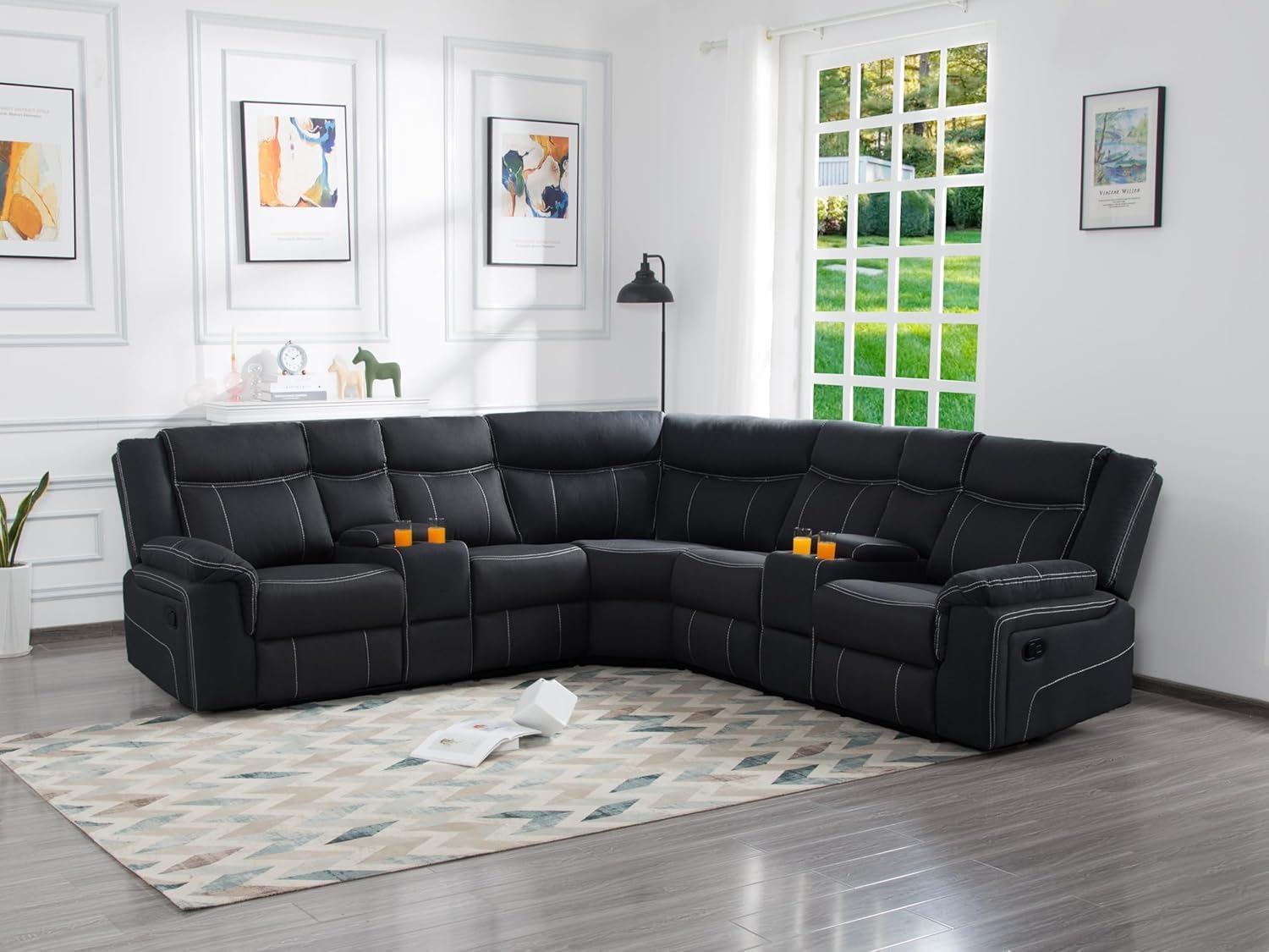 Manual Motion Sectional Sofa Living Room Furniture Sets L-Shaped Corner 5 Seaters Recliner Sofa&Couch Curved Upholstered Couch with 2 Console Storage