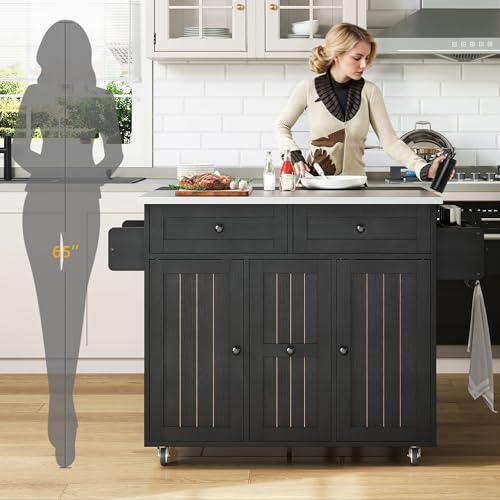 DWVO Kitchen Island on Wheels, Mobile Kitchen Island Cart with Folding Drop Leaf Breakfast Bar, Island Table for Kitchen with Large Storage Cabinets