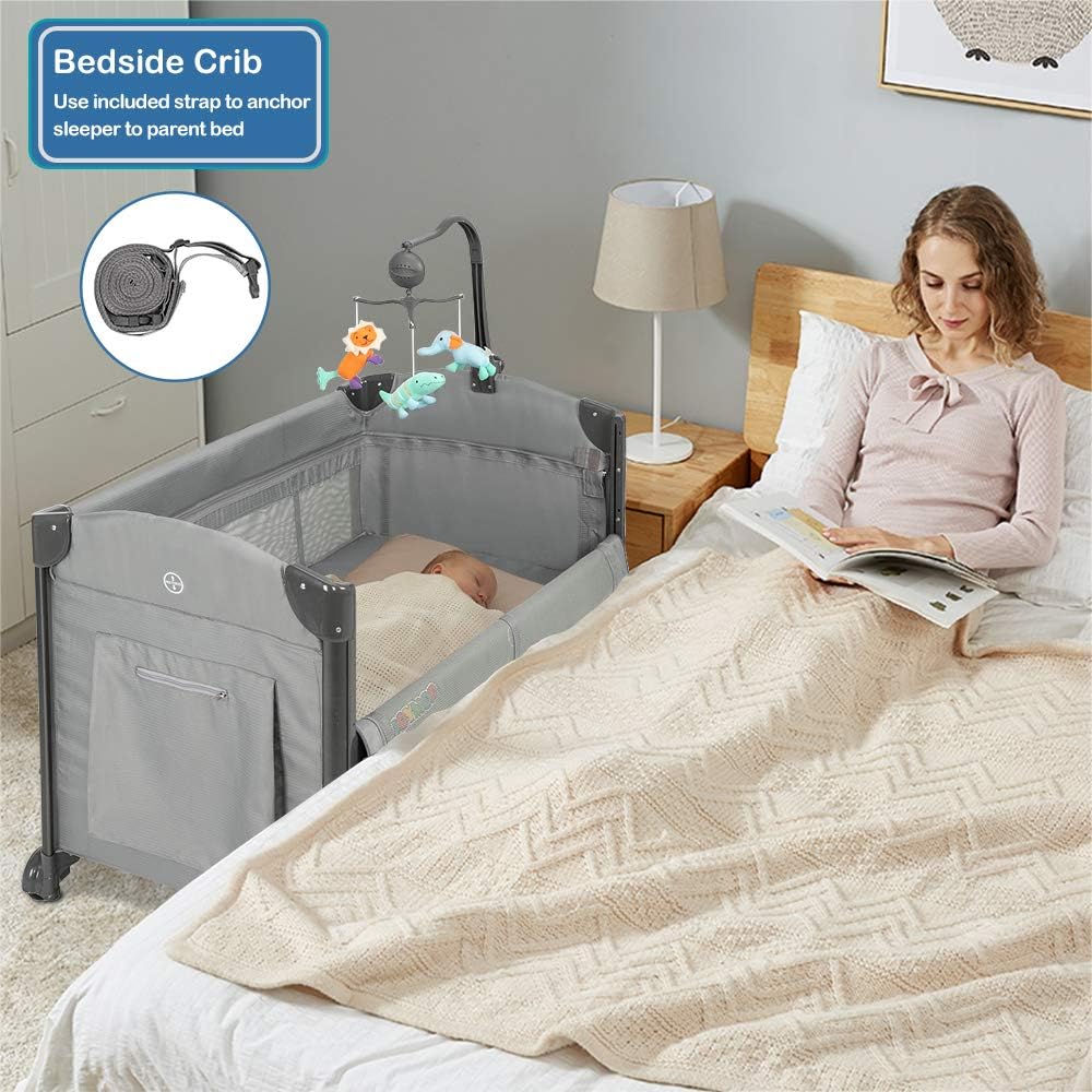 JOYMOR 3 in 1 Baby Bedside Sleeper, Bed Side with Mattress, Convert to Bassinet, Bedside Sleeper, Playpen, Quick Foldable Travel Bassinet Bed