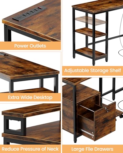 L Shaped Computer Desk with FiIe Drawers, 67" Reversible Computer Desk, Home Office Desk with Power Outlets