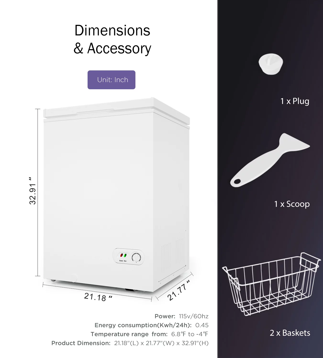 Northair Chest Freezer - 3.5 Cu Ft with 2 Removable Baskets - Reach In Freezer Chest - Quiet Compact Freezer - 7 Temperature