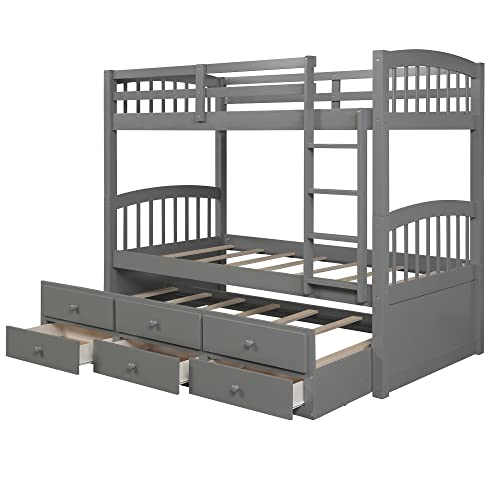Harper & Bright Designs Twin Over Twin Bunk Bed with Storage Drawers, Solid Wood Bunk Bed Frame with Trundle, for Kids, Teens, Adults (Espresso)