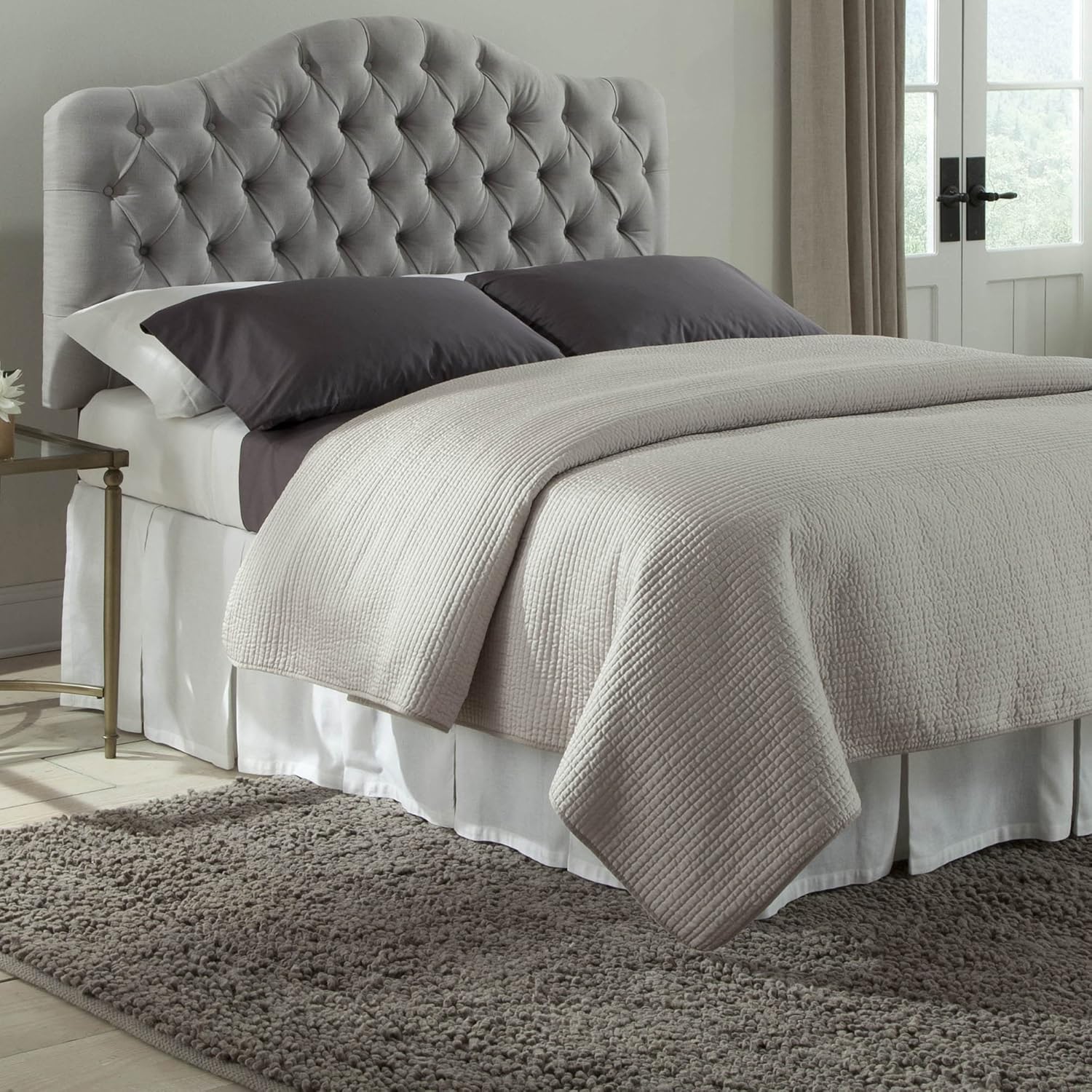 Martinique Upholstered Adjustable Headboard Panel with Solid Wood Frame and Button-Tufted Design - Putty Finish - Twin