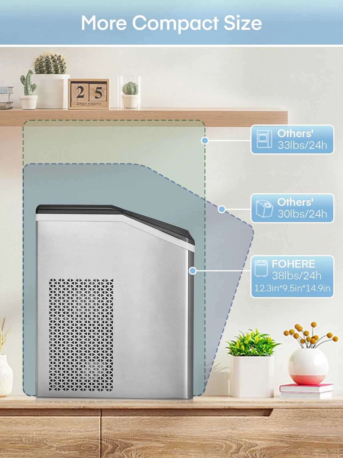 FOHERE Nugget Ice Maker Countertop, 38 Lbs In 24Hrs, Chewable Pellet Ice Cubes, Self-Cleaning Ice Machine, Stainless Steel Housing