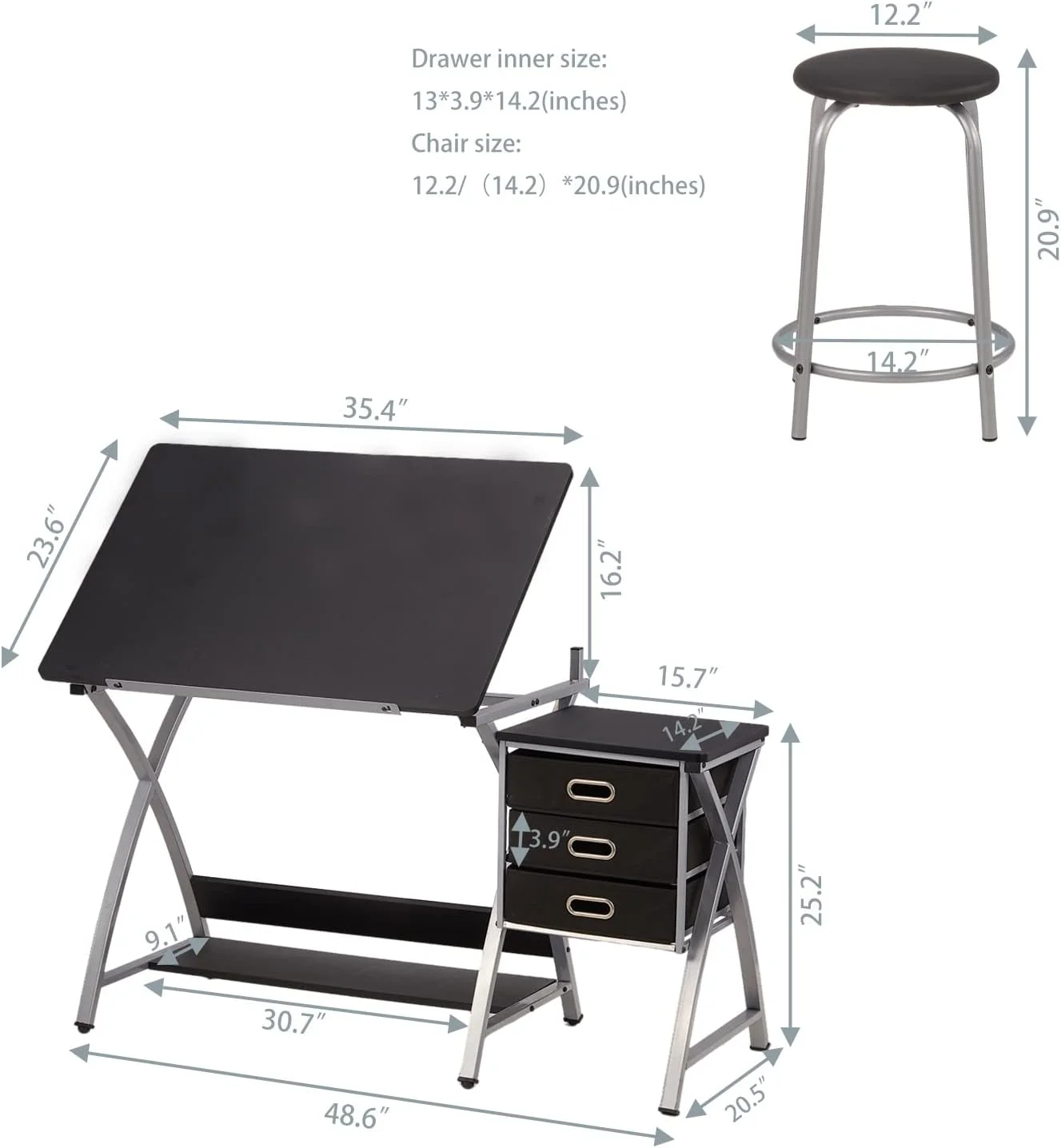 Adjustable Drafting Table For Artists With Stool, Sturdy X-Cross Metal Frame Drawing Table With Storage Drawers, Art Desk With Tilted