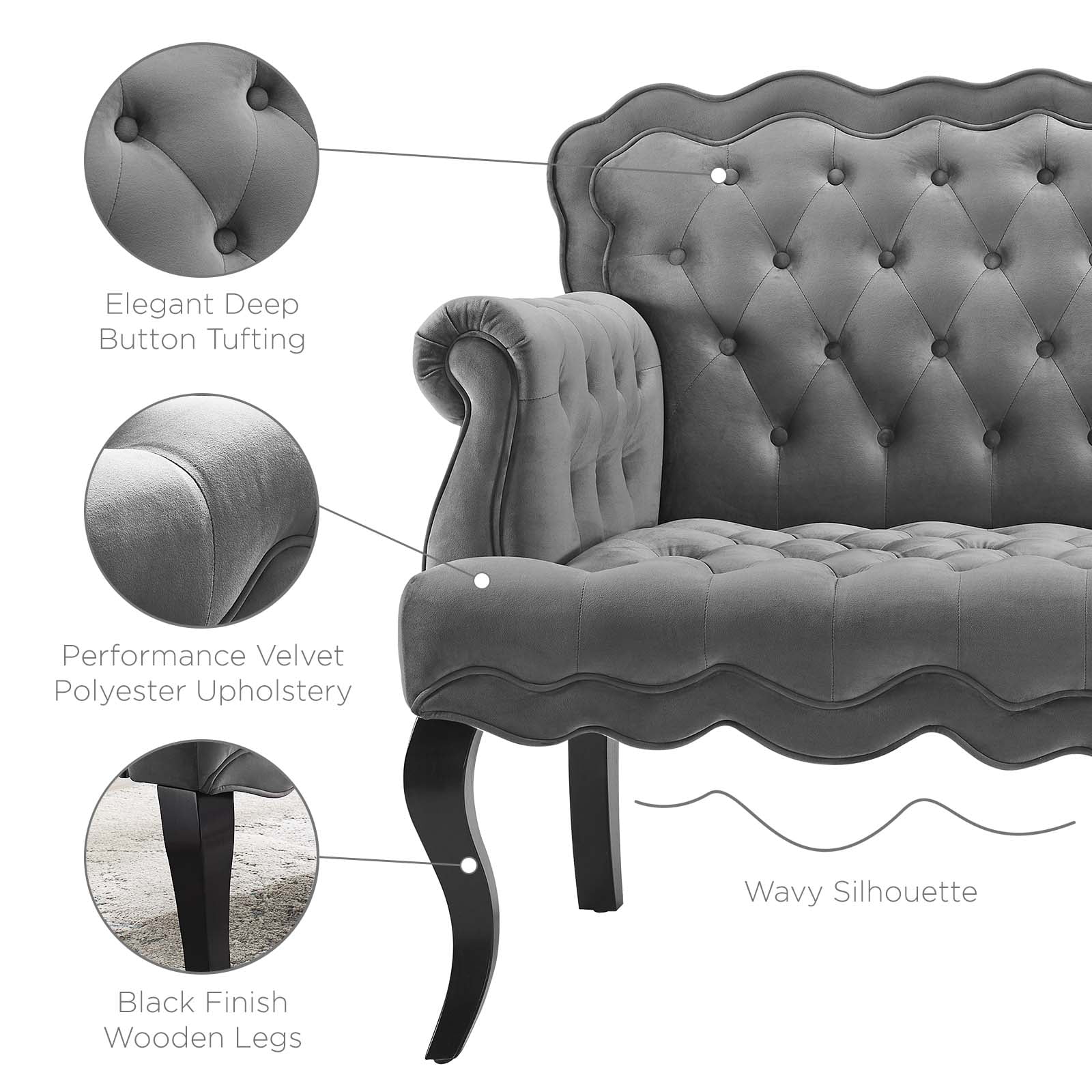 Contemporary Modern Urban Designer Living Room Lounge Club Lobby Loveseat Settee Sofa, Velvet Fabric, Grey Gray