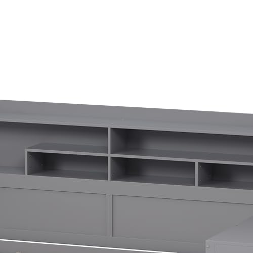 Bellemave Twin Corner Bed Frame with Storage Shelves and Desk, Wood Twin Size Daybed with Bookcase and Drawers and Storage, Gray
