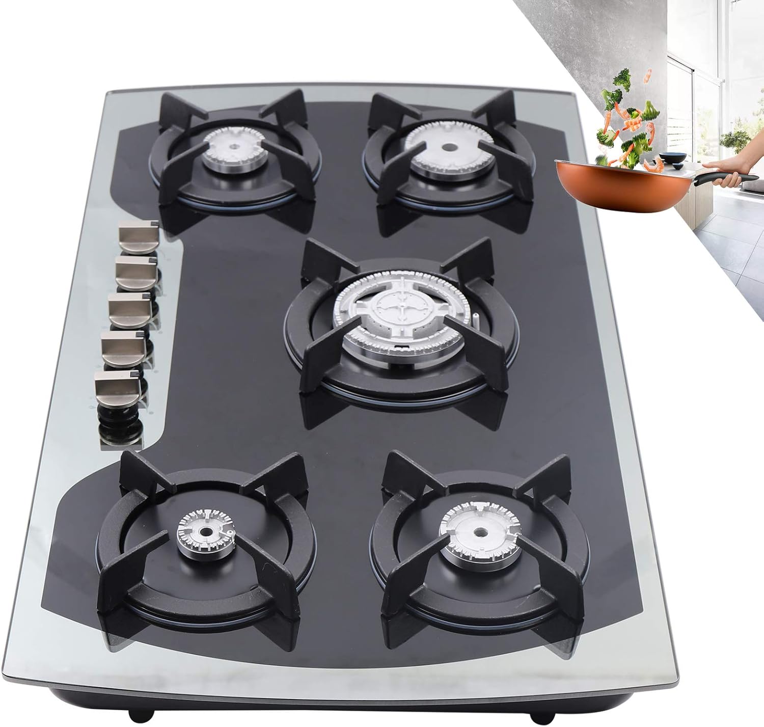 36" Gas Cooktop, Stainless Steel Built-in Gas Stove 5 Burners with Independent Switch Control, NG/LPG Convertible Gas Cooktop,Thermocouple Protection