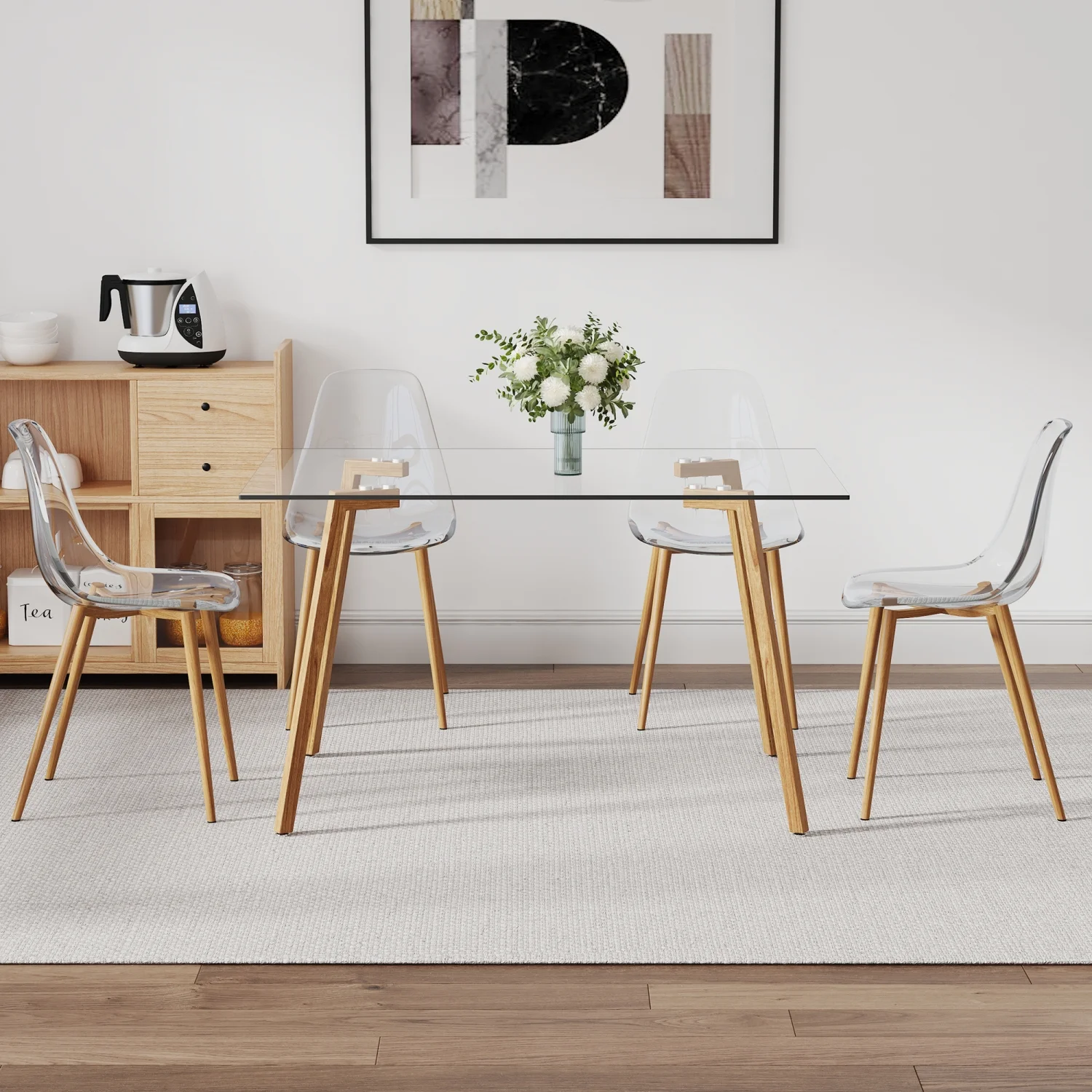 Holaki 1 Table and 4 Chairs Set. Glass Dining Table, 0.31 "Tempered Glass Tabletop and Wood Grain Metal Table Legs . Table Size: 47" W x 31"D x 30" H