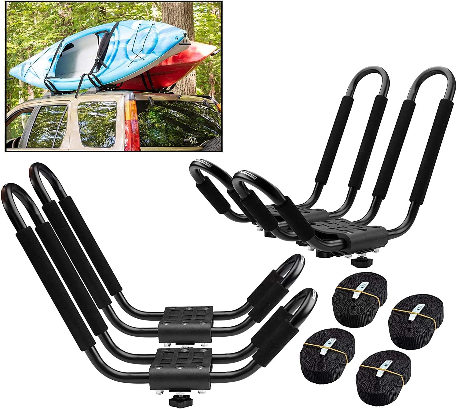 uyoyous 2 Pairs Universal Kayak Canoe Top Mount Carrier Roof Rack 150lbs Top Mount J-Bar Canoe Carrier Canoe Boat Surf Ski Roof Bracket Folding