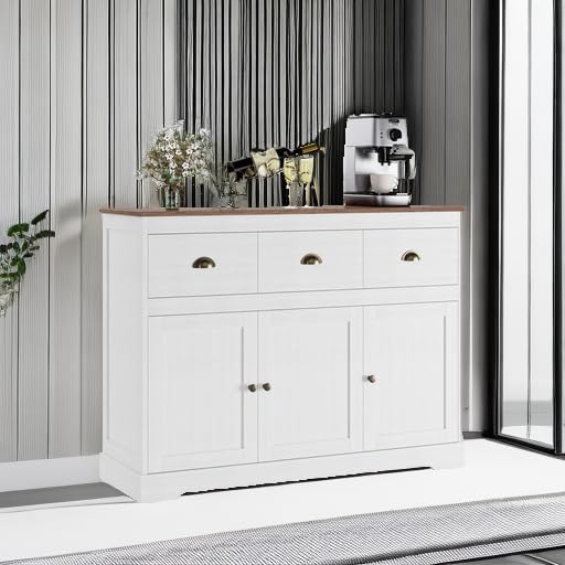 Keyluv White Buffet Cabinet Storage Sideboard Farmhouse Server Bar Wine Cabinet with 3 Drawers & 3 Doors Adjustable Shelves Console Table for Dining