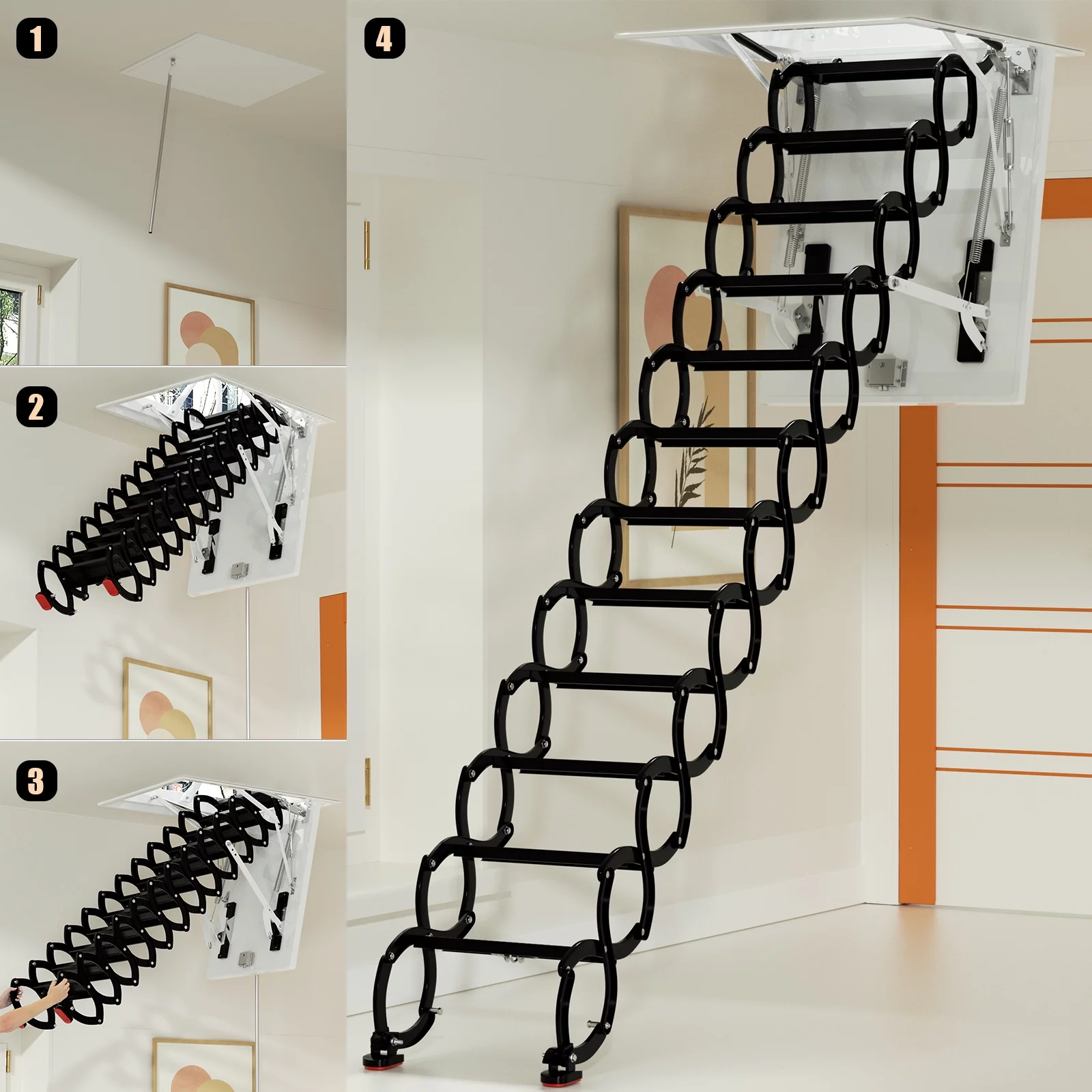 Motor Genic 12 Steps Black Loft Wall Folding Pulldown Attic Ceiling Ladder Stairs 39.4*27.6"