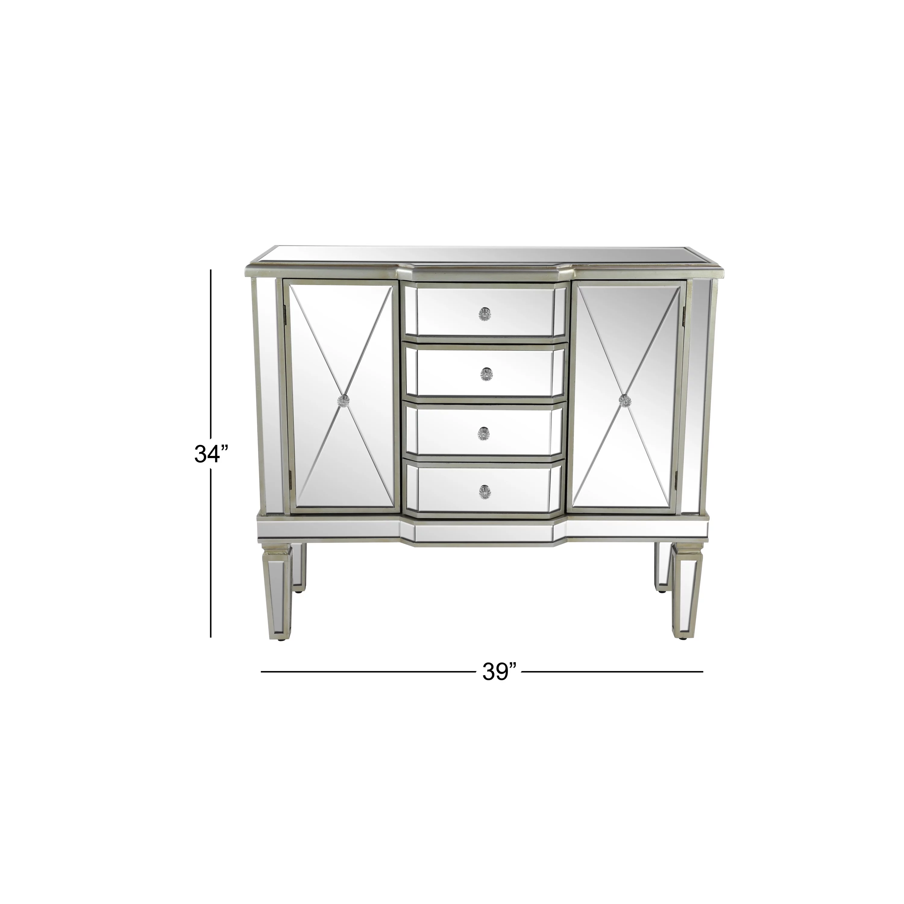 DecMode 39" x 34" Silver Wood Mirrored Panel 4 Drawers 2 Shelves and 2 Doors Buffet with Acrylic Knob Handles, 1-Piece