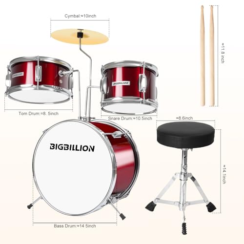 Drum Set for Kids, 3-Piece 14'' Beginner Kids Drum Kit Junior Drum Set with Bass Tom Snare Drum with Adjustable Throne, Cymbal, Pedal